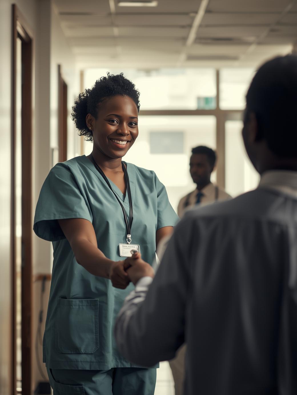 a modern african healthcare environment with a nigerian nurse guiding a patient, bright clean interior, professional teamwork, warm and welcoming feel, realistic cinematic photo style.