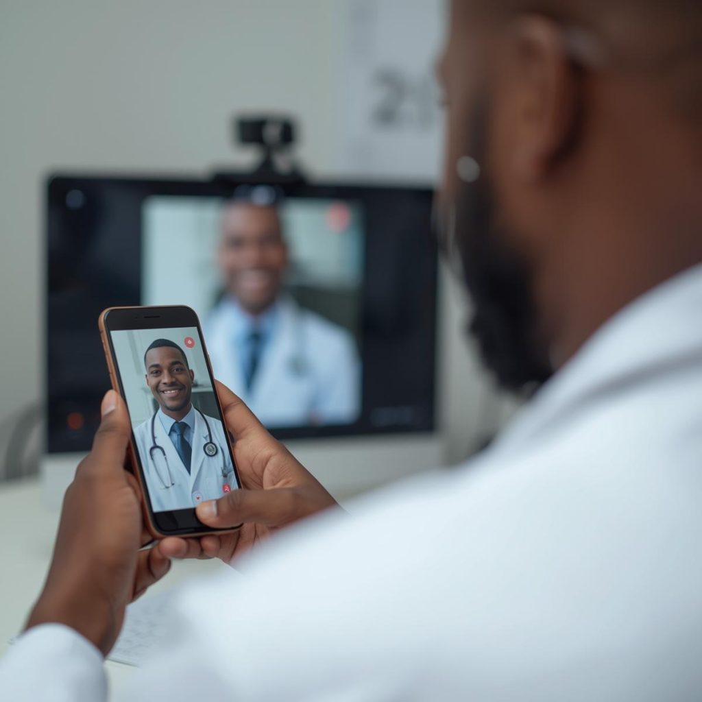a picture nigerian african doctor telehealth → “monitor”, “phone”, “video call”